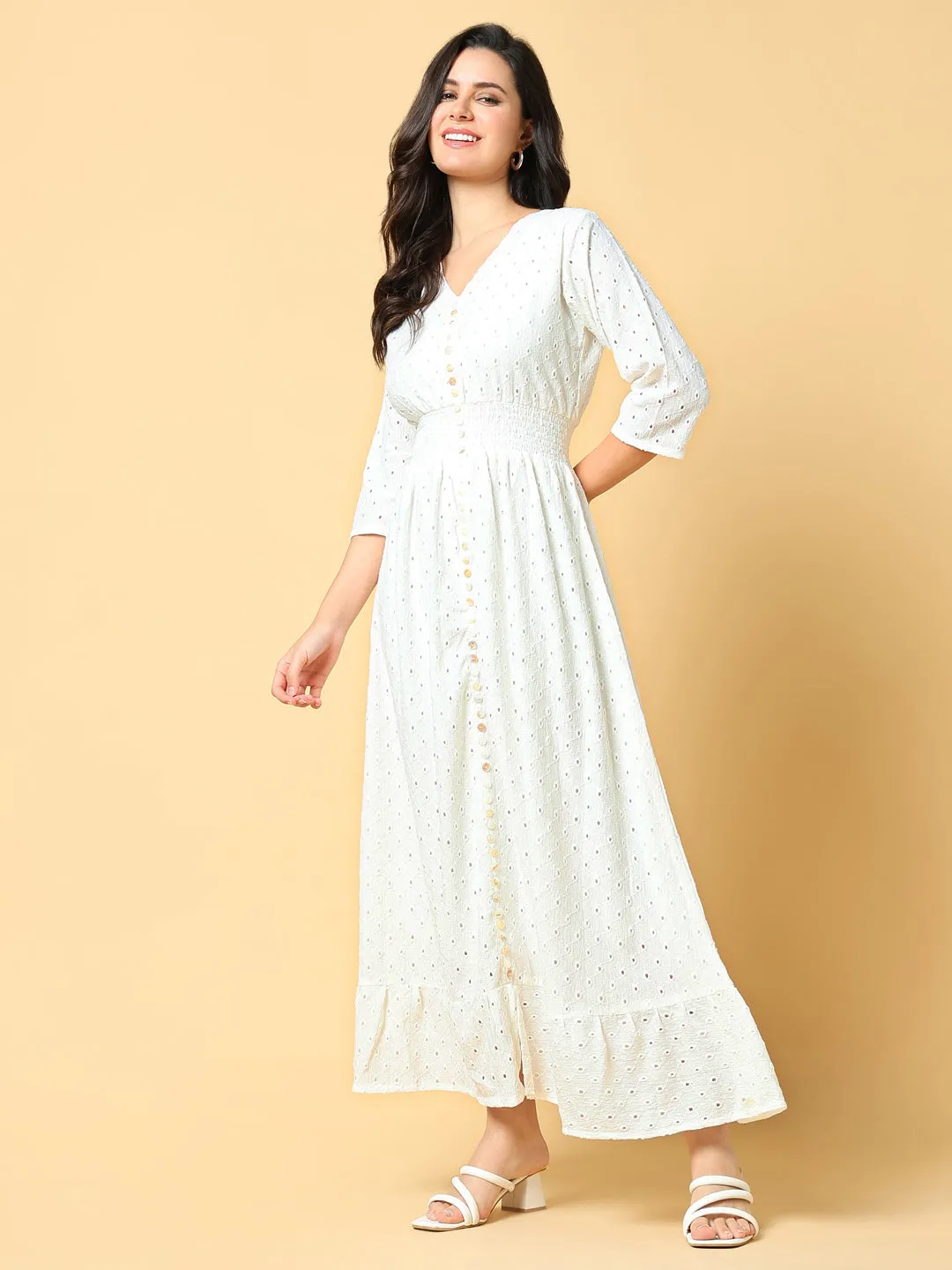 Women Solid White Fit and Flare Schiffli Dress