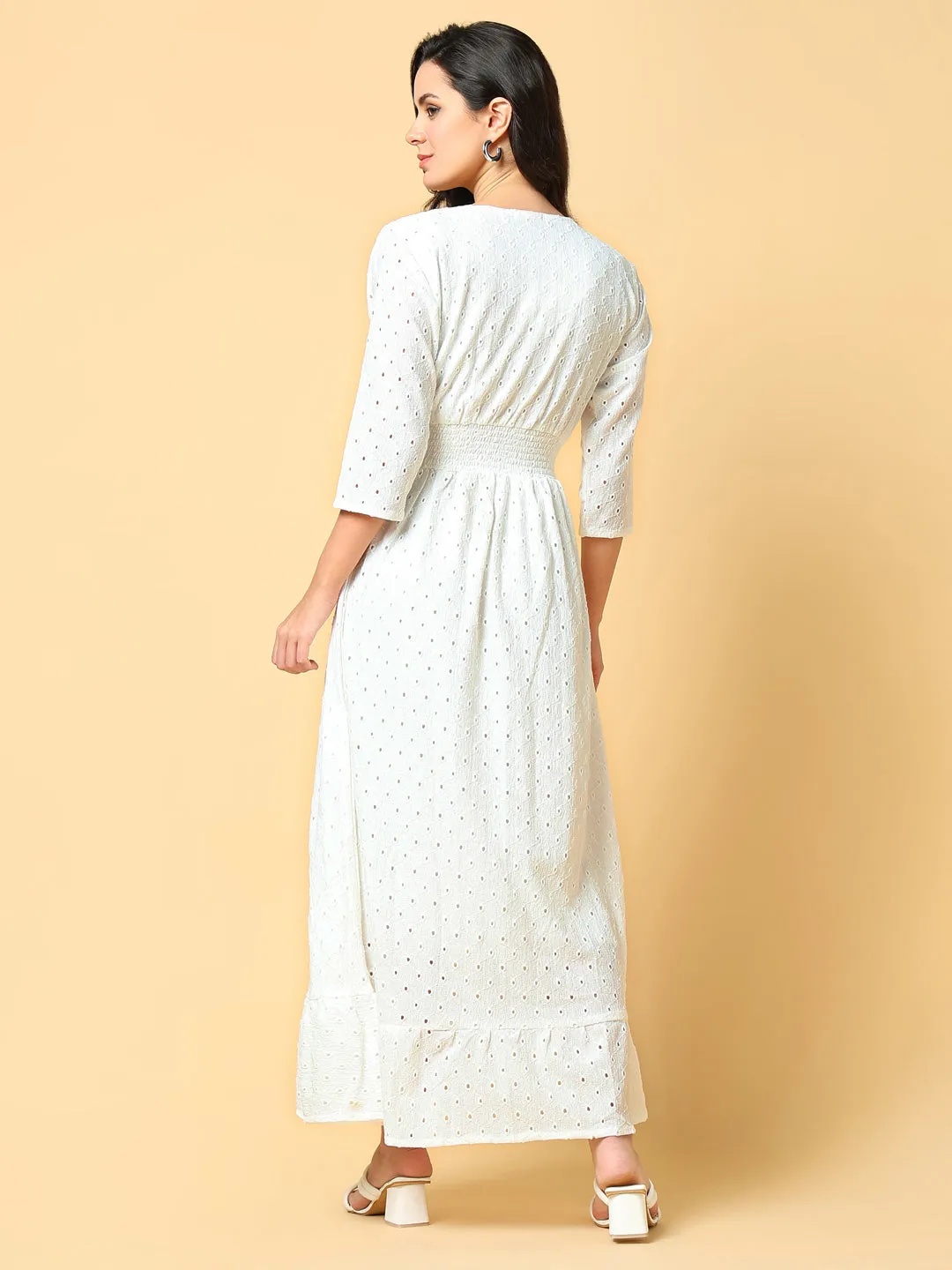 Women Solid White Fit and Flare Schiffli Dress