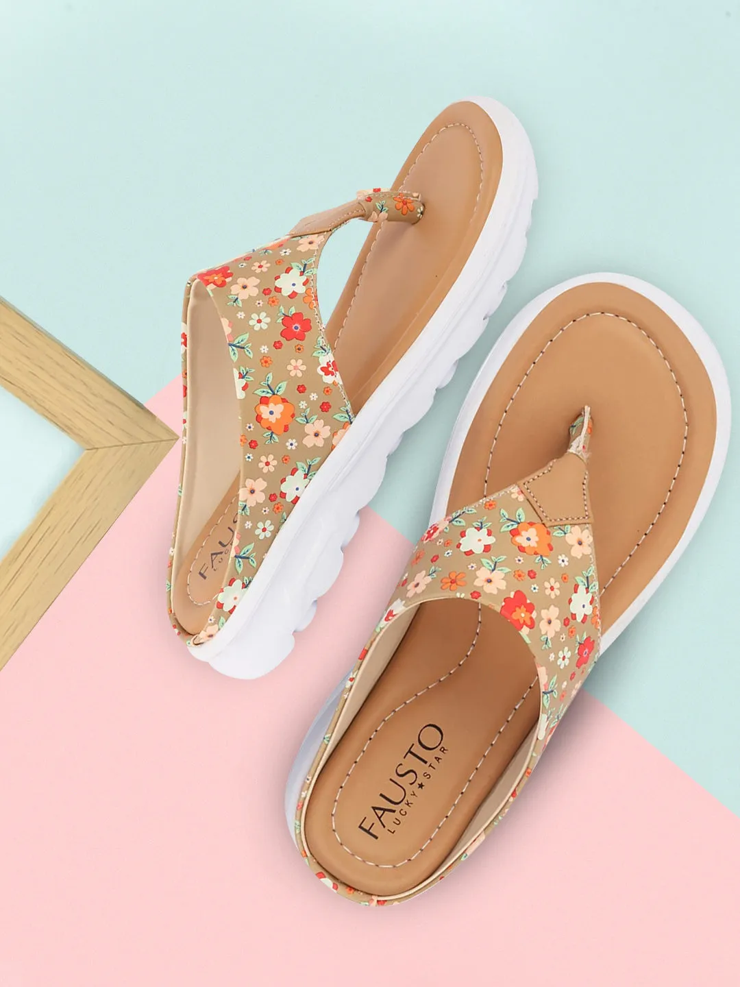 Women Tan Comfort Fashion Stylish Floral Print Design Strap Thong Flats Wedges Slipper