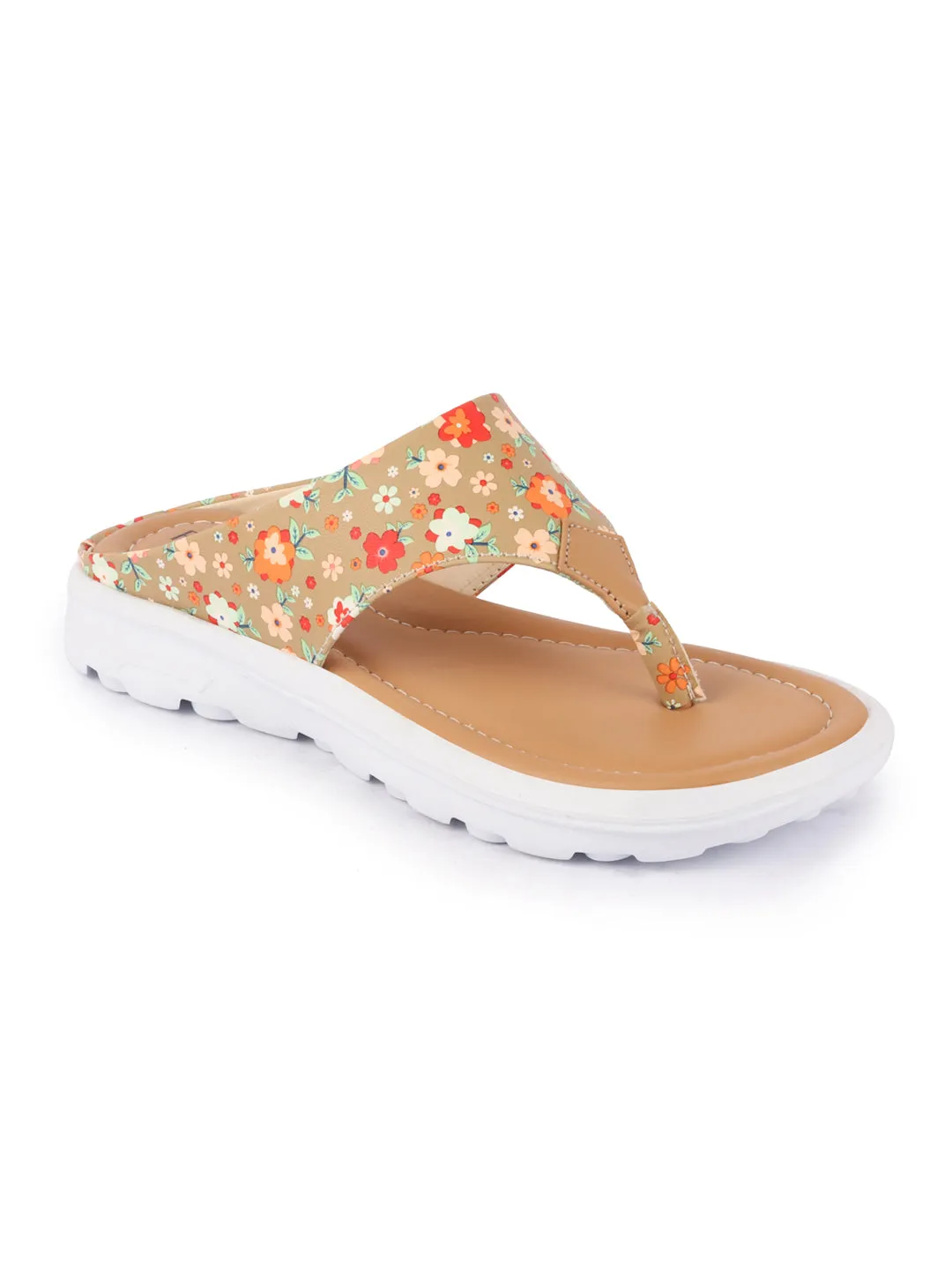 Women Tan Comfort Fashion Stylish Floral Print Design Strap Thong Flats Wedges Slipper