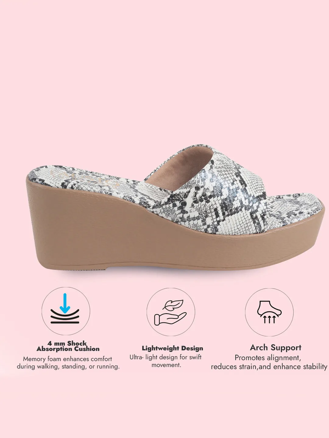 Women White Textured Print Platform Slip On Sandal With Cushioned Footbed|Height Enhancer Sandal For Broad Feet|Festive|Wedding