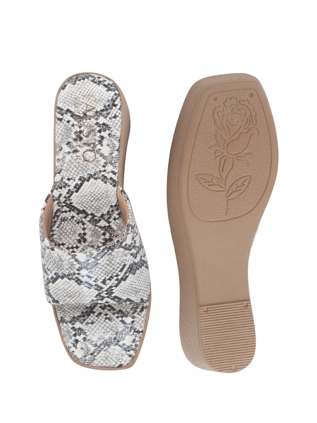 Women White Textured Print Platform Slip On Sandal With Cushioned Footbed|Height Enhancer Sandal For Broad Feet|Festive|Wedding