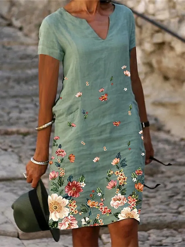 Women's Casual Dress Shift Dress Midi Dress White Green Gray Short Sleeve Flower Print Spring Summer V Neck Basic Daily Vacation Weekend 2023 S M L XL XXL XXXL