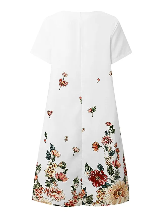 Women's Casual Dress Shift Dress Midi Dress White Green Gray Short Sleeve Flower Print Spring Summer V Neck Basic Daily Vacation Weekend 2023 S M L XL XXL XXXL