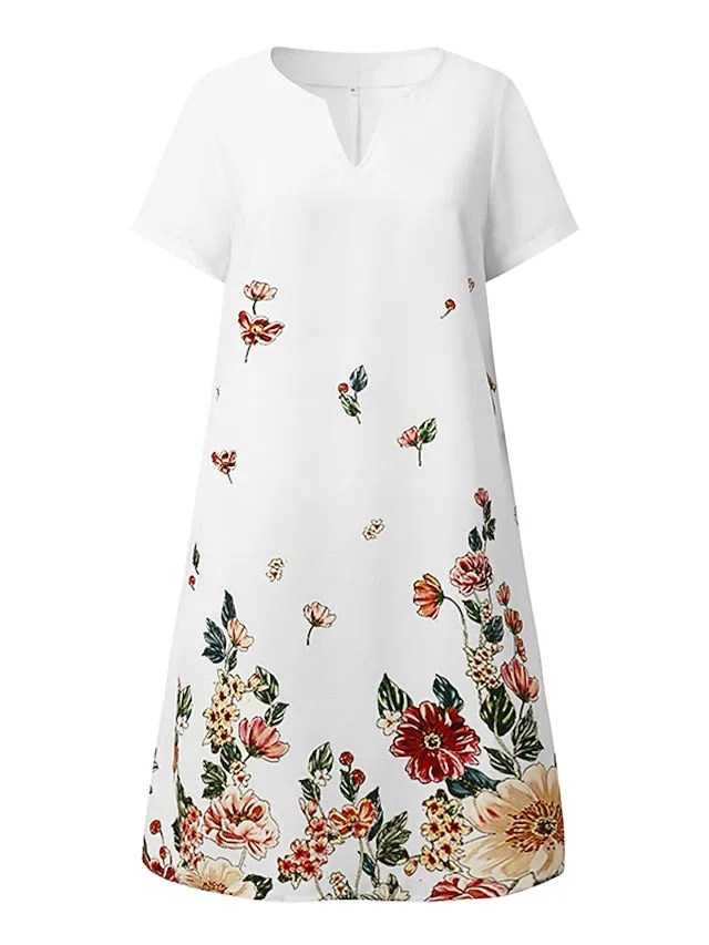 Women's Casual Dress Shift Dress Midi Dress White Green Gray Short Sleeve Flower Print Spring Summer V Neck Basic Daily Vacation Weekend 2023 S M L XL XXL XXXL