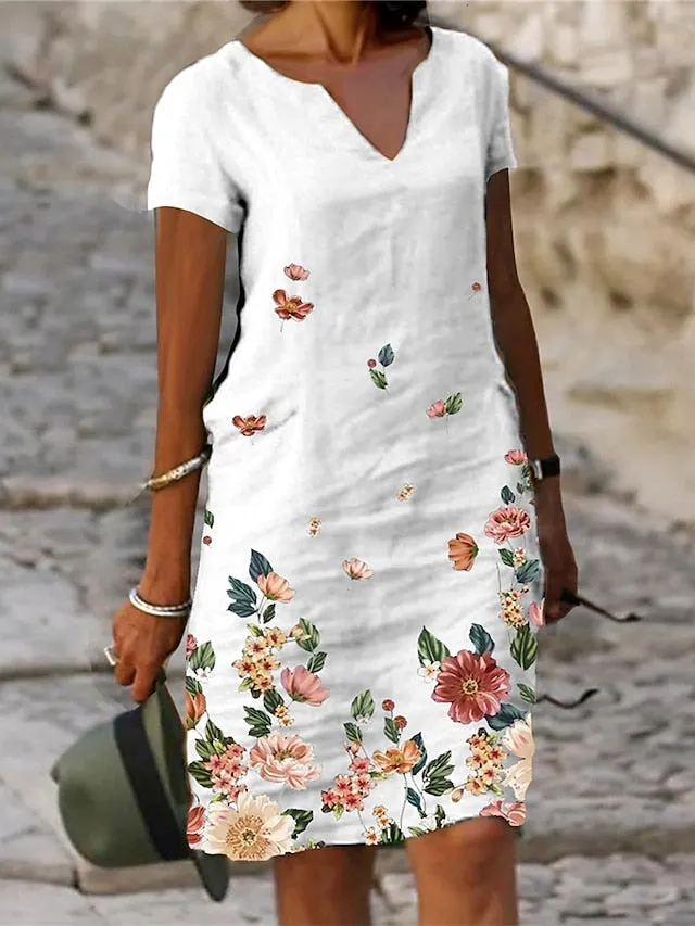 Women's Casual Dress Shift Dress Midi Dress White Green Gray Short Sleeve Flower Print Spring Summer V Neck Basic Daily Vacation Weekend 2023 S M L XL XXL XXXL