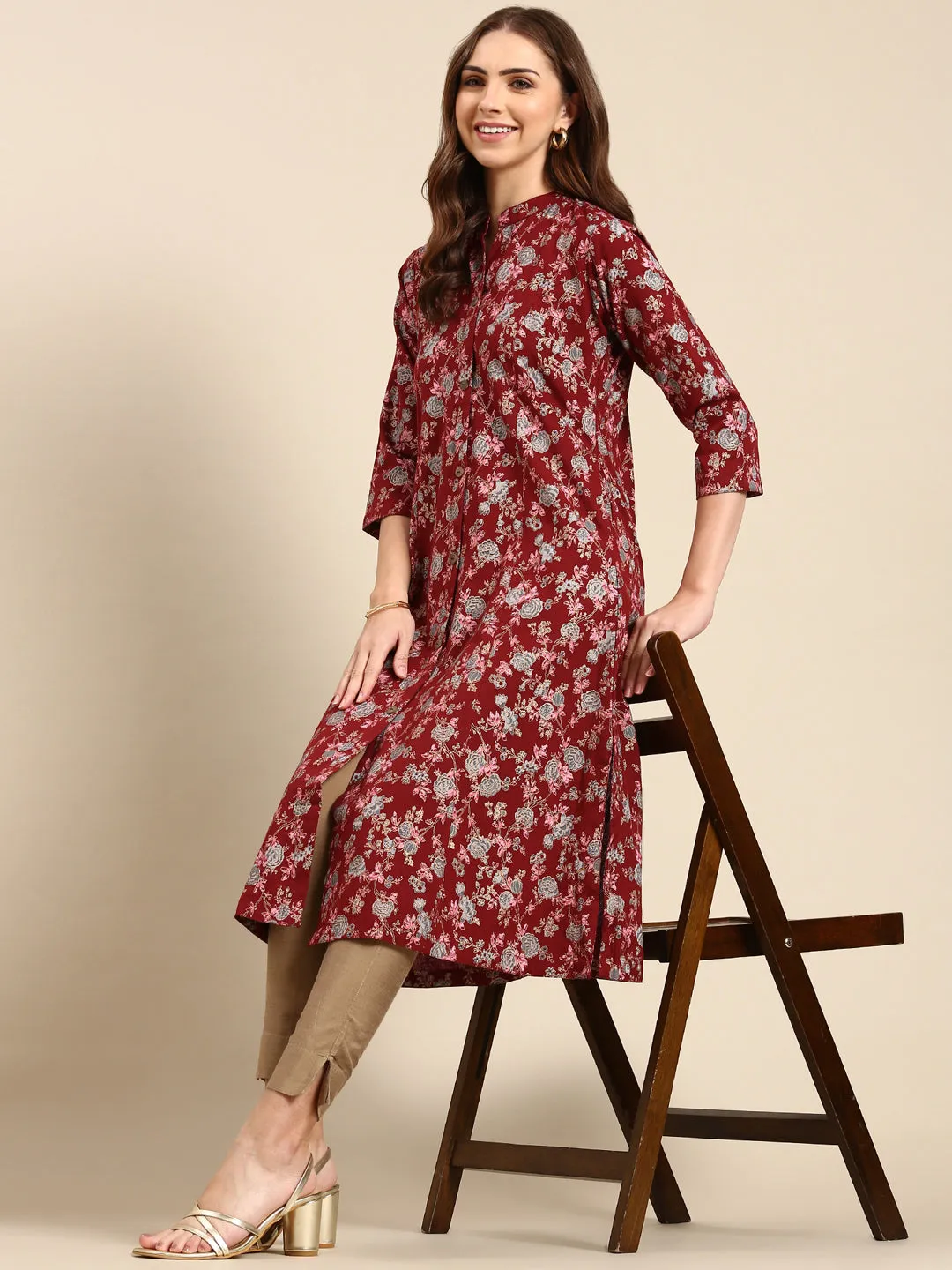 Women's Maroon Printed A-Line Kurta