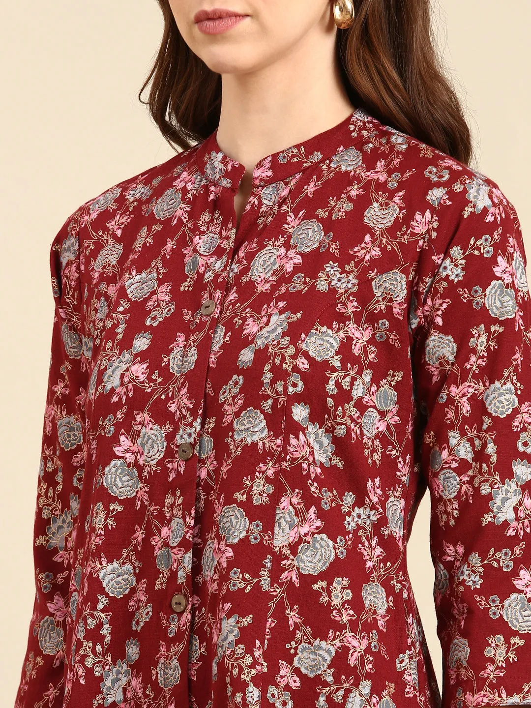 Women's Maroon Printed A-Line Kurta