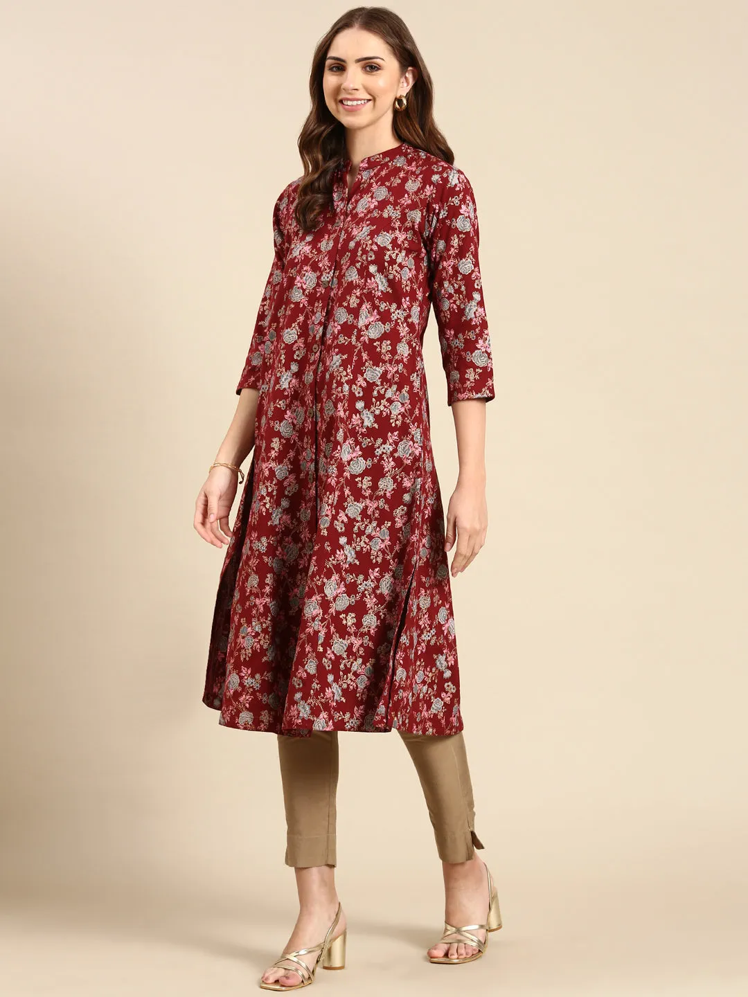 Women's Maroon Printed A-Line Kurta