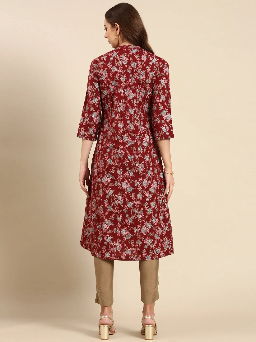 Women's Maroon Printed A-Line Kurta