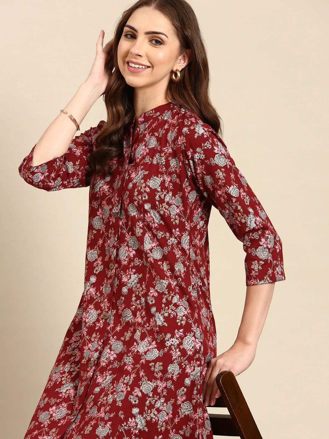 Women's Maroon Printed A-Line Kurta