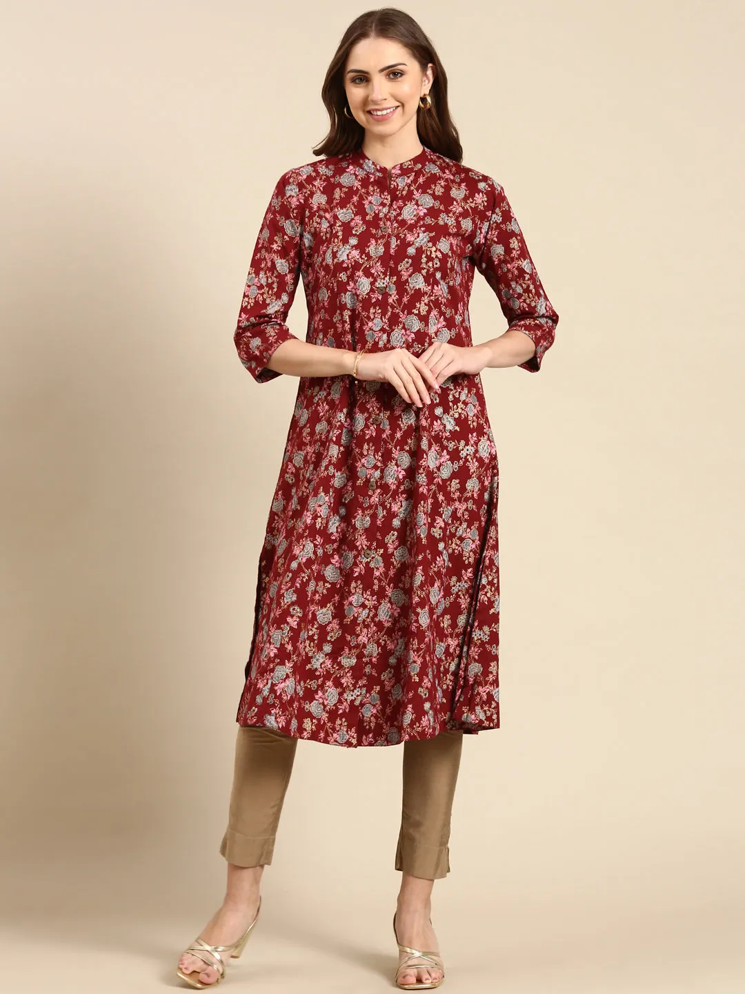 Women's Maroon Printed A-Line Kurta