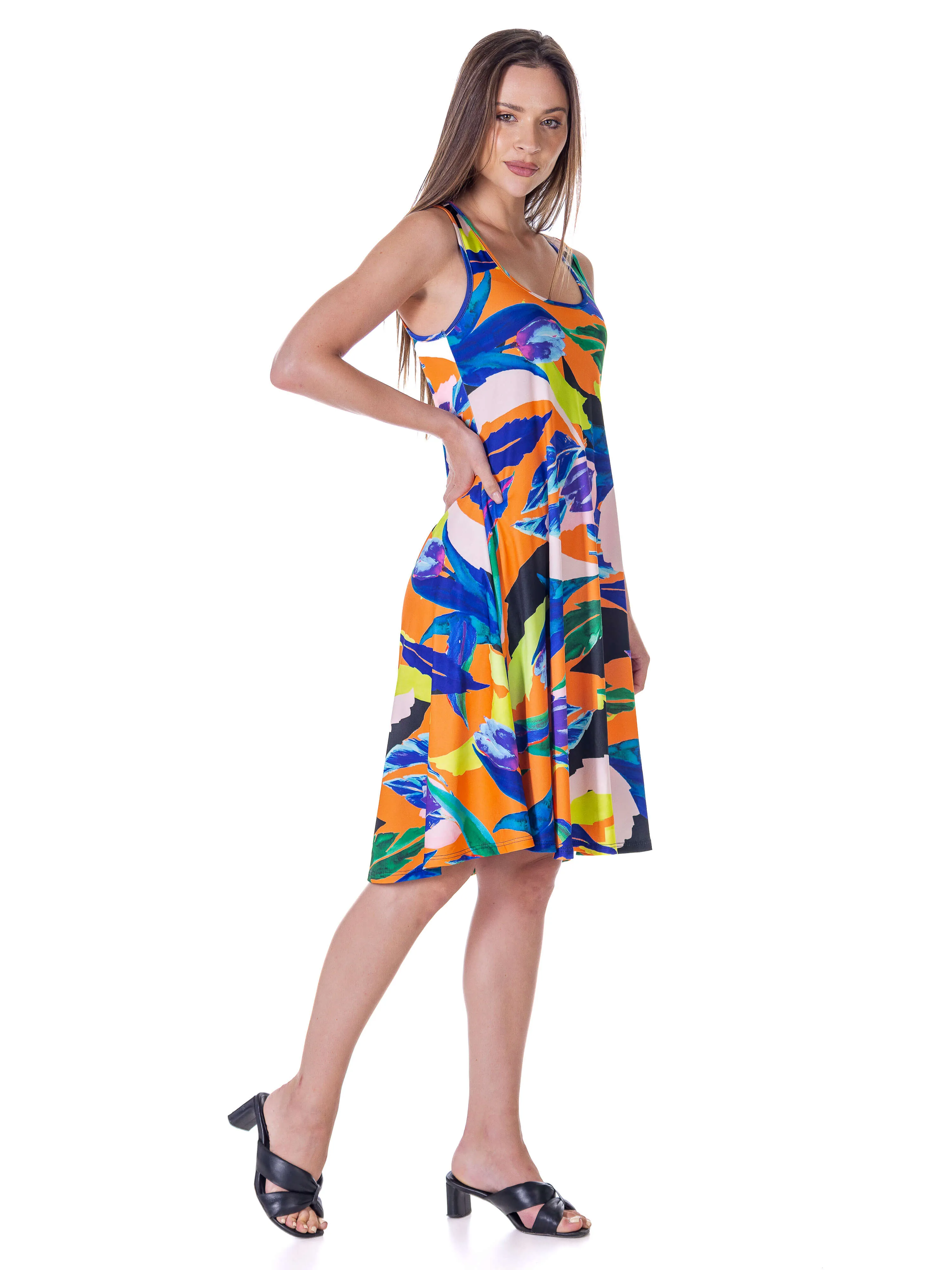 Womens Multicolor Sleeveless Knee Length Tank Swing Dress