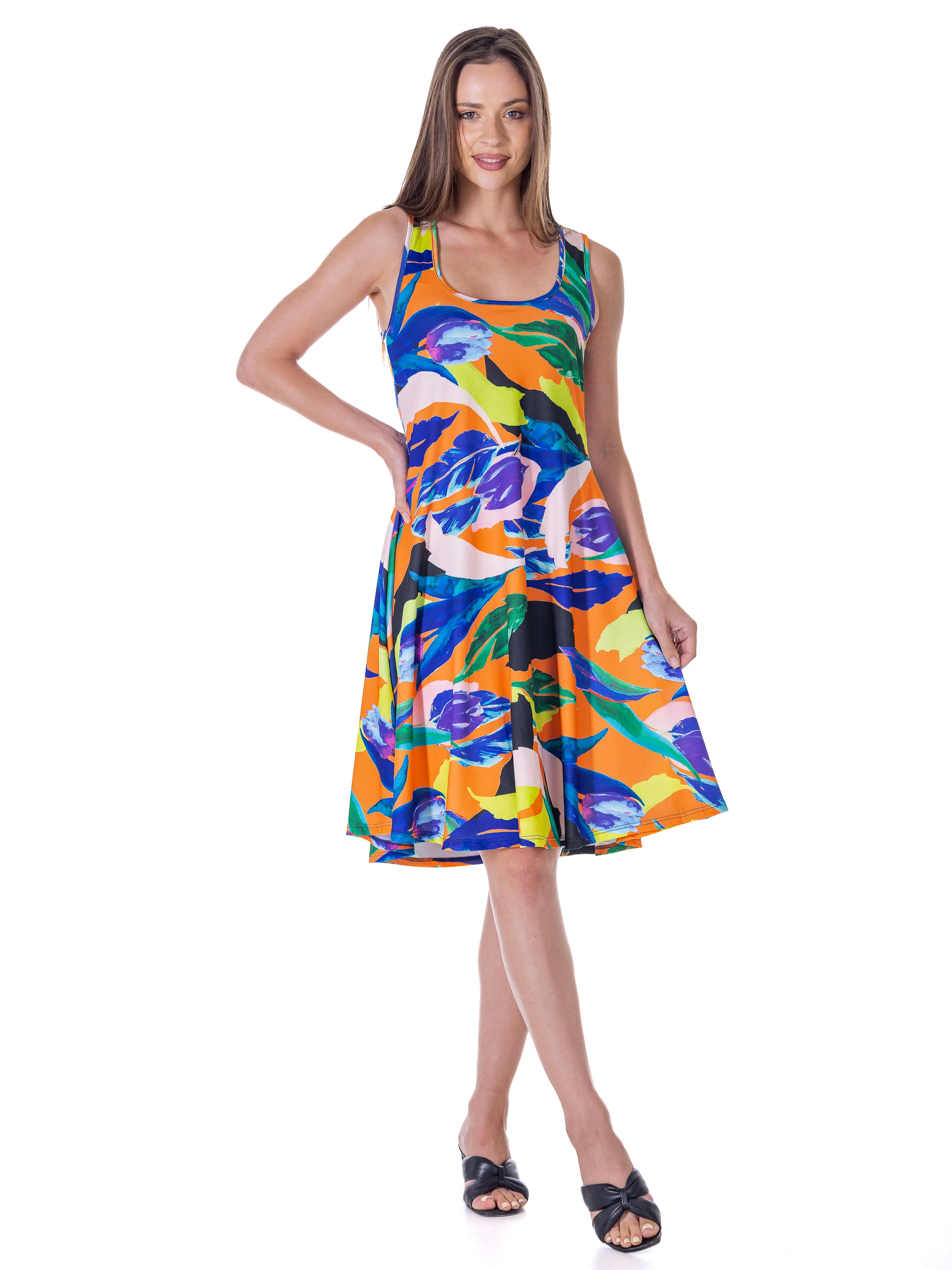 Womens Multicolor Sleeveless Knee Length Tank Swing Dress