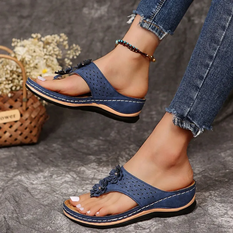 Womens Summer Flower Wedges Heel Casual Bohemian Flip-Flops