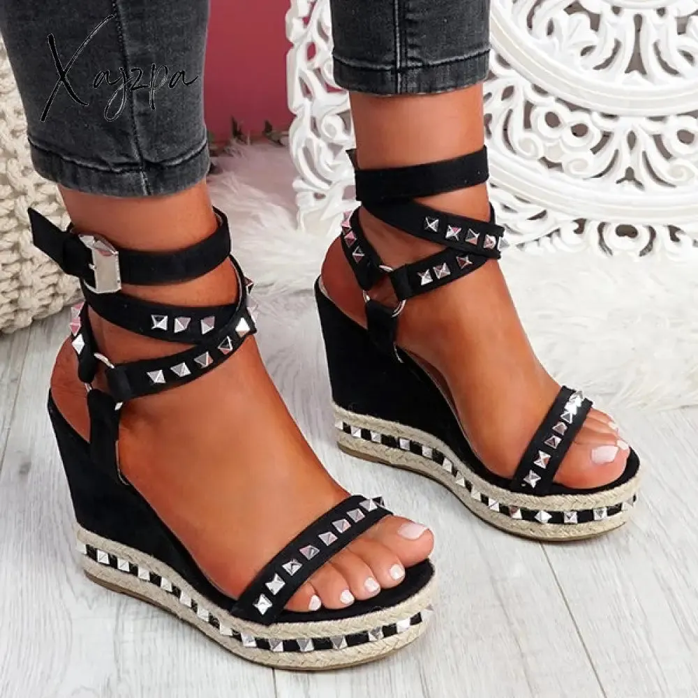 Xajzpa - Women's Daily Sandals Numy Wedge Rock Studs Sandals Platform Shoes