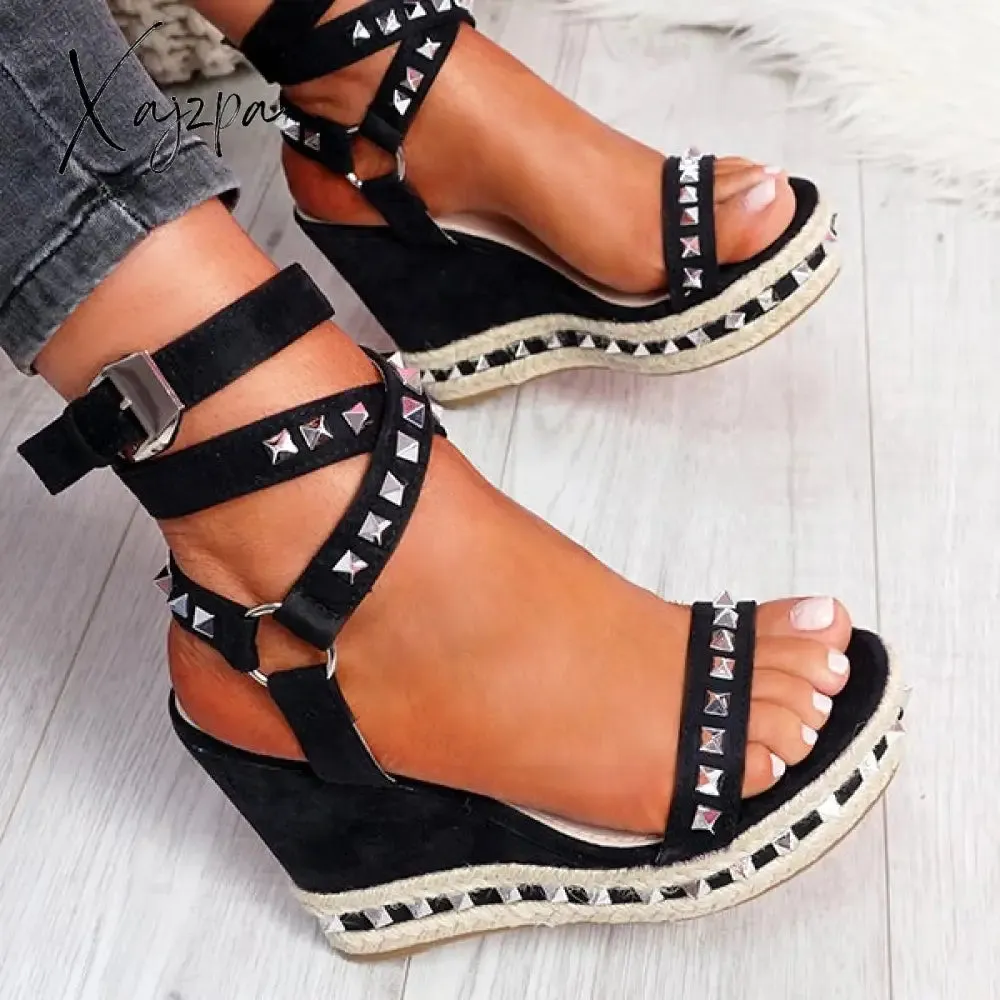 Xajzpa - Women's Daily Sandals Numy Wedge Rock Studs Sandals Platform Shoes