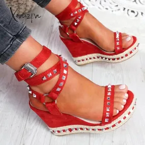 Xajzpa - Women's Daily Sandals Numy Wedge Rock Studs Sandals Platform Shoes