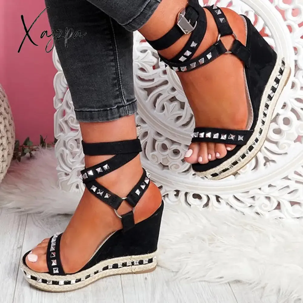 Xajzpa - Women's Daily Sandals Numy Wedge Rock Studs Sandals Platform Shoes