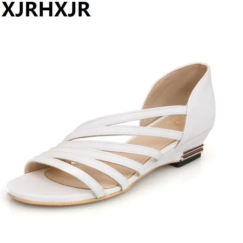 XJRHXJR New 33-46 Summer Sandalia Women Leather Low Wedges Sandals Women Casual Zapatos De Mujer Sandalias Mujer FREE SHIPPING