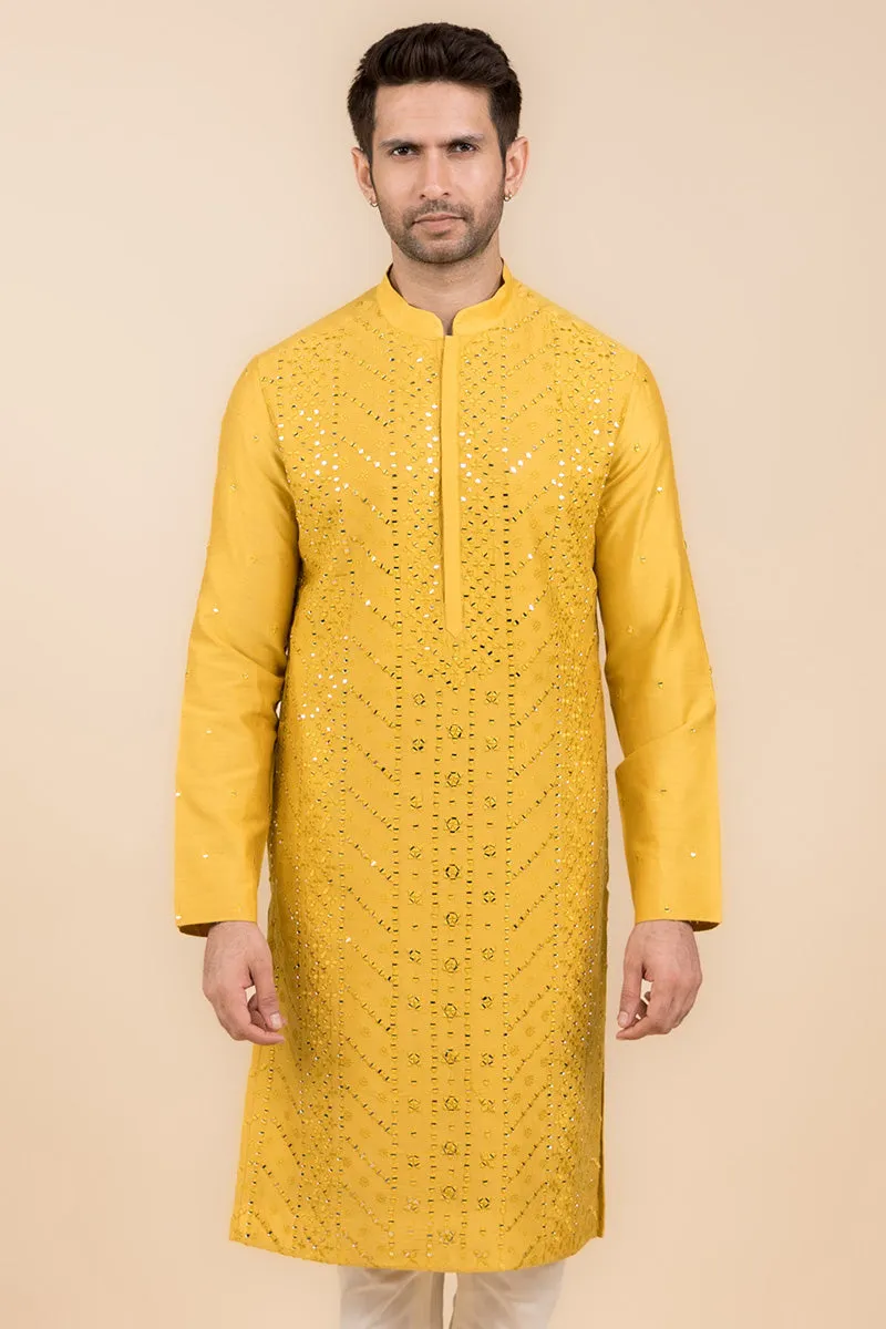 Yellow All Over Mirror Embroidered Kurta Set