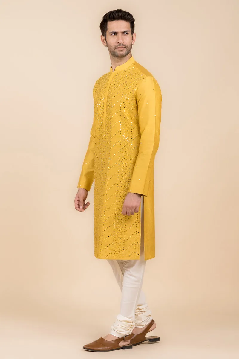 Yellow All Over Mirror Embroidered Kurta Set